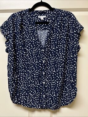 Navy White Dot Short-Sleeve Button Front Blouse